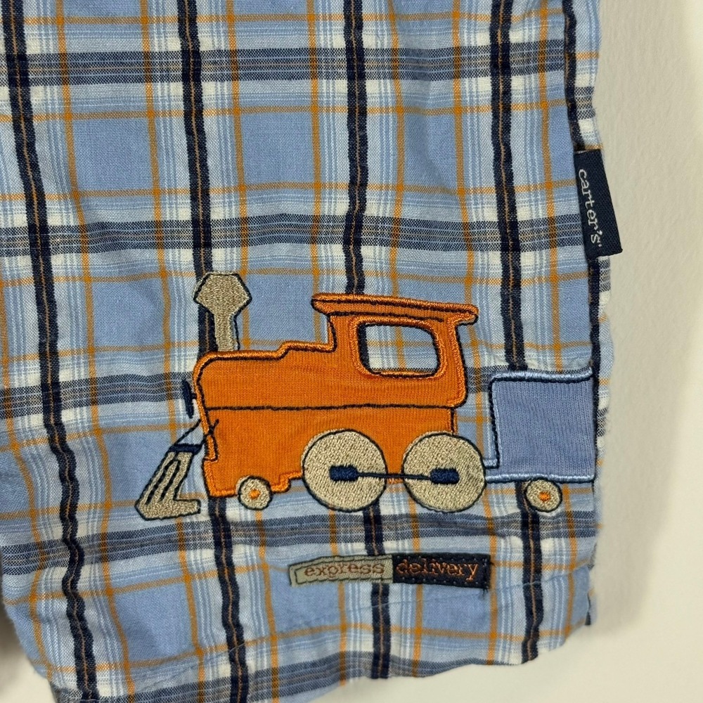 VTG Carters Kids Baby Boy Blue Plaid Train Embroidered Shortalls Overalls 6-9 M - Picture 4 of 11